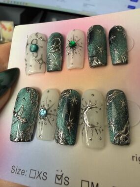 Hand painted Teal and white celestial themed square press on nails size small